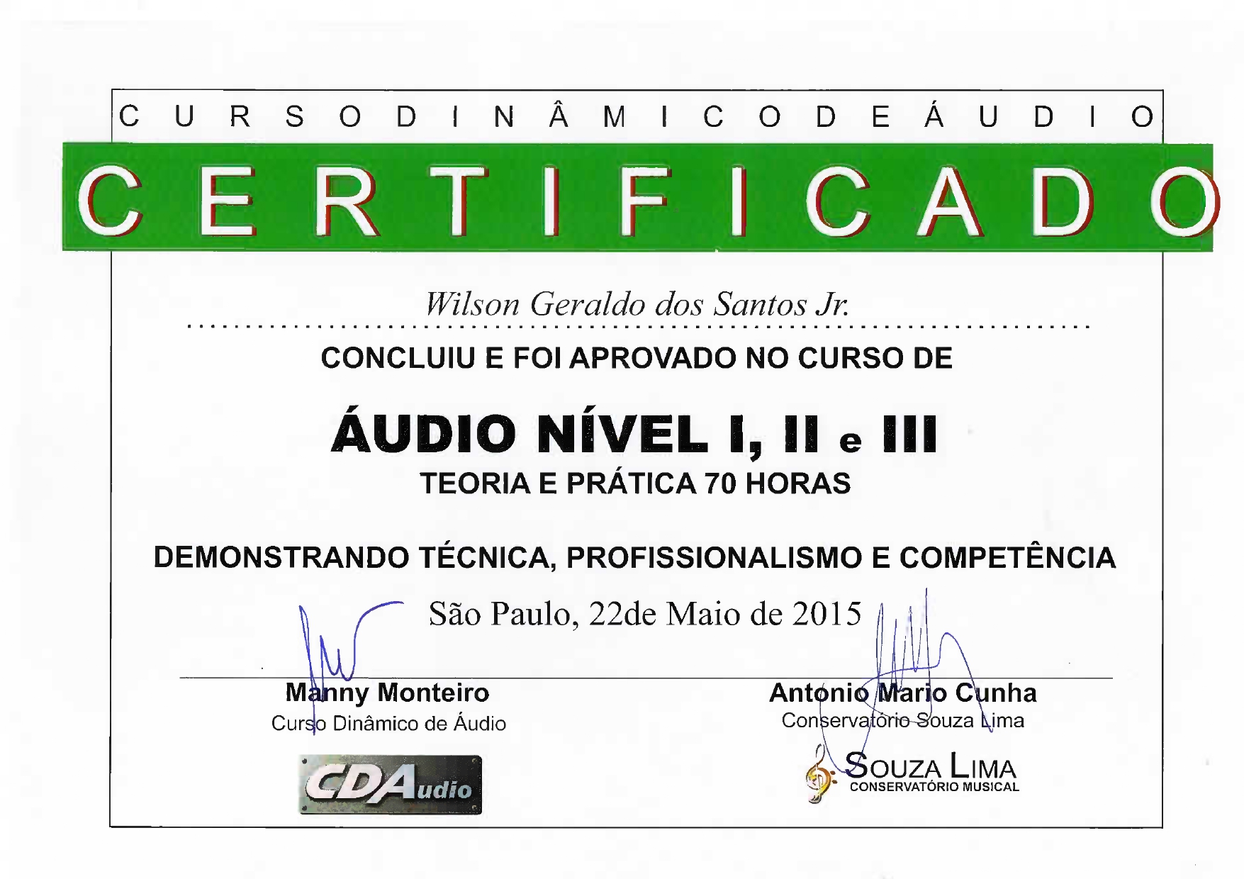 Certificado de Áudio Nível I, II e III — Souza Lima